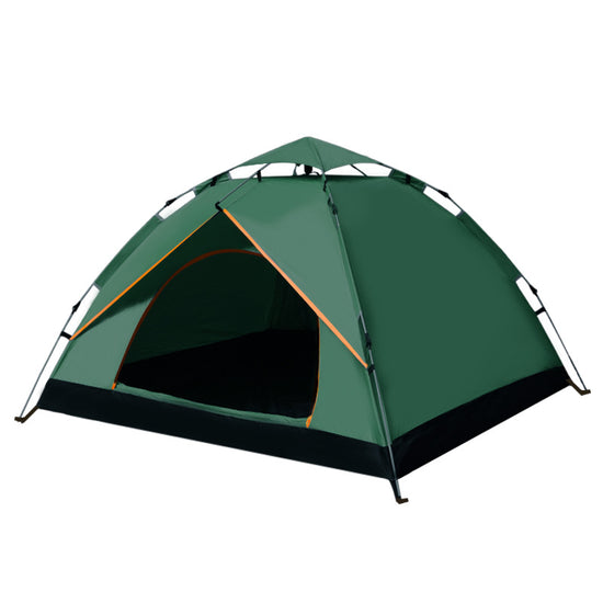 A dark green automatic quick-open camping tent with two doors is shown pitched against a white background. Below the tent are three smaller images showing included items: windproof ropes and ground stakes, a dark green tent storage bag, and a dark green tent overhead cover.