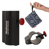 A black Nobana awning rod fixer with a red adjustment knob, a close-up of the adjustable clamp, and a patterned storage bag with the Nobana logo.