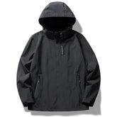 A black hooded camping assault jacket with a partial front zipper, side zippered pockets, and the word "SPORTY GEAR" printed vertically on the left sleeve.