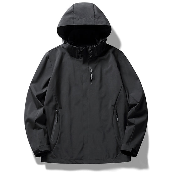 A black hooded camping assault jacket with a partial front zipper, side zippered pockets, and the word "SPORTY GEAR" printed vertically on the left sleeve.
