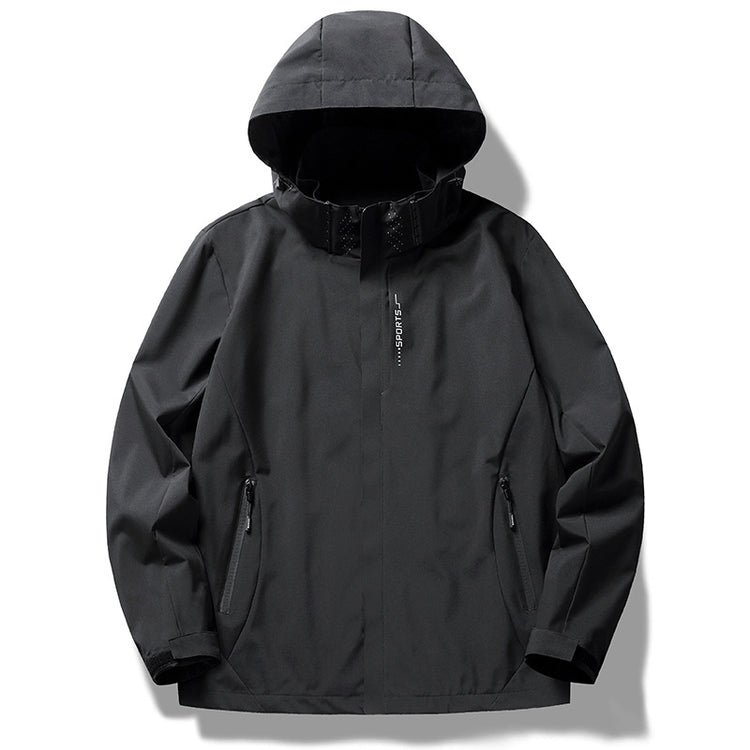 A black hooded camping assault jacket with a partial front zipper, side zippered pockets, and the word "SPORTY GEAR" printed vertically on the left sleeve.