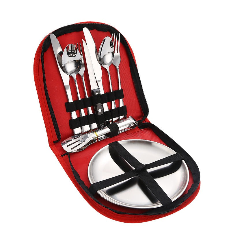 Lightweight Stainless Steel Camping Flatware Set with Dinner Plates & Portable Bag - Perfect for Outdoor Dining