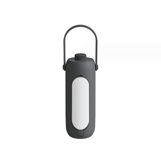 A gray cylindrical LED camping lantern with a white light panel and a foldable black handle is shown against a white background. A rotary switch is visible on the top.