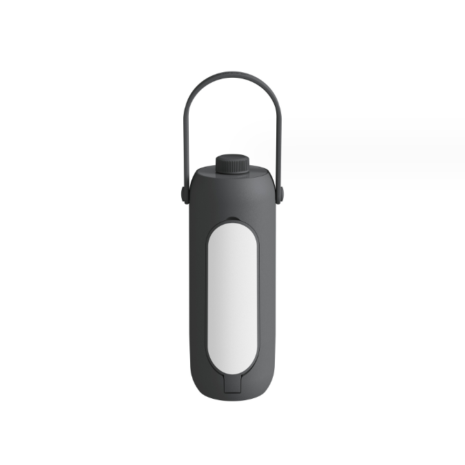 A gray cylindrical LED camping lantern with a white light panel and a foldable black handle is shown against a white background. A rotary switch is visible on the top.