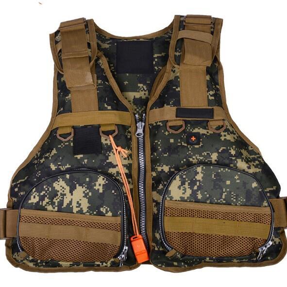 A camouflage pattern dual-purpose life jacket and fishing vest laid flat, featuring a central zipper, multiple pockets with zippers and mesh, adjustable straps, D-rings, and an attached orange whistle.