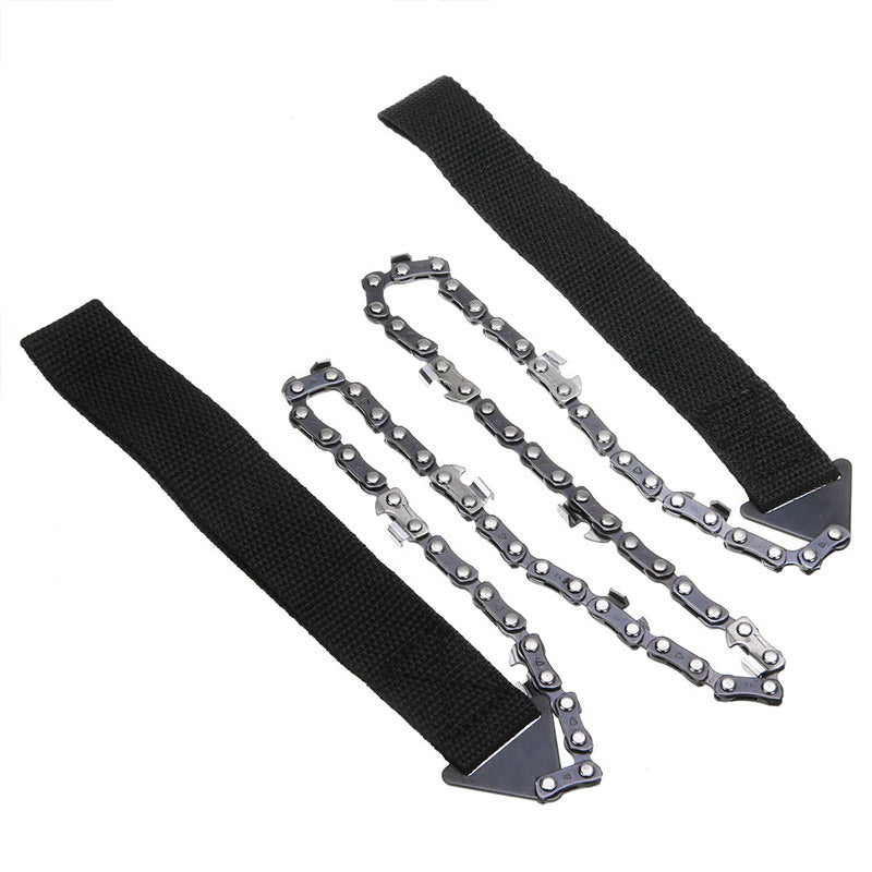 A portable pocket chainsaw is shown against a white background. The chainsaw consists of a steel chain with numerous teeth and two black woven straps attached to each end.