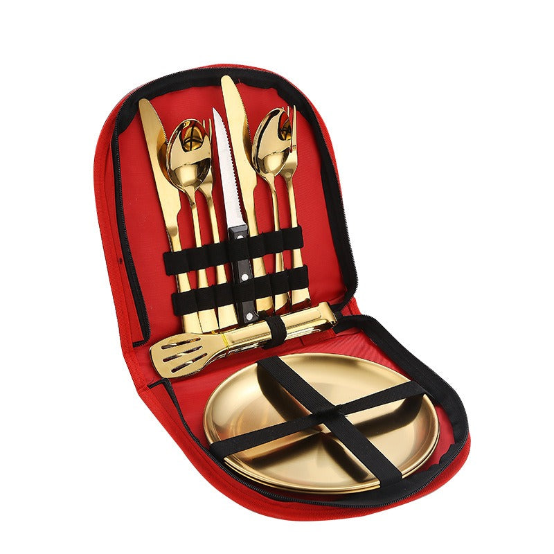 Lightweight Stainless Steel Camping Flatware Set with Dinner Plates & Portable Bag - Perfect for Outdoor Dining