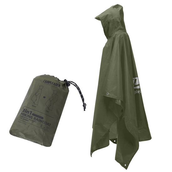 An olive green 3-in-1 waterproof rain poncho is shown hanging with the hood up next to its olive green storage bag with white text and diagrams