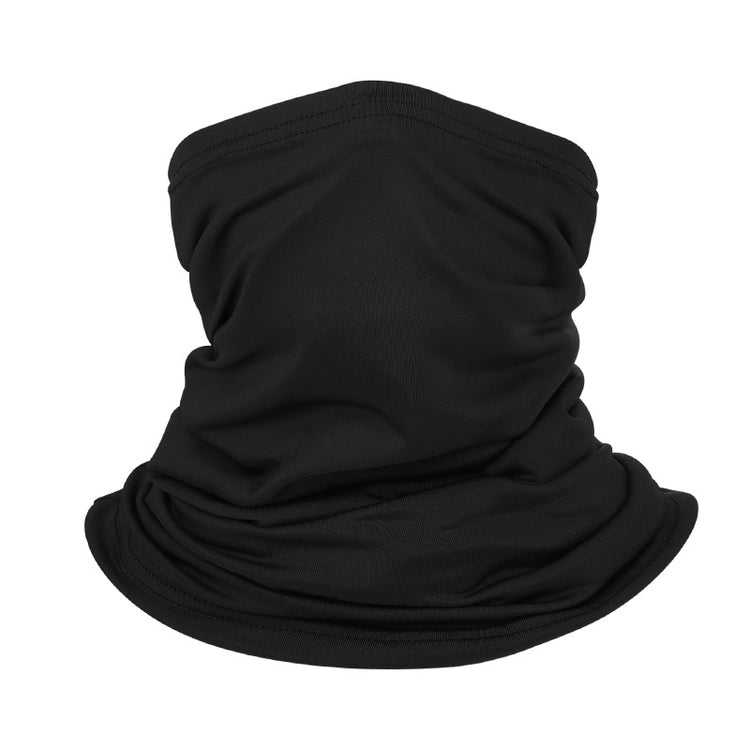 A black, gathered piece of polyester fabric shaped like a neck gaiter or multi-functional headwear.