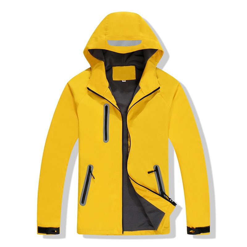 A bright yellow thickened and padded winter jacket with a hood featuring a reflective stripe, a front zipper, and zippered chest and side pockets.