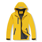 A bright yellow thickened and padded winter jacket with a hood featuring a reflective stripe, a front zipper, and zippered chest and side pockets.