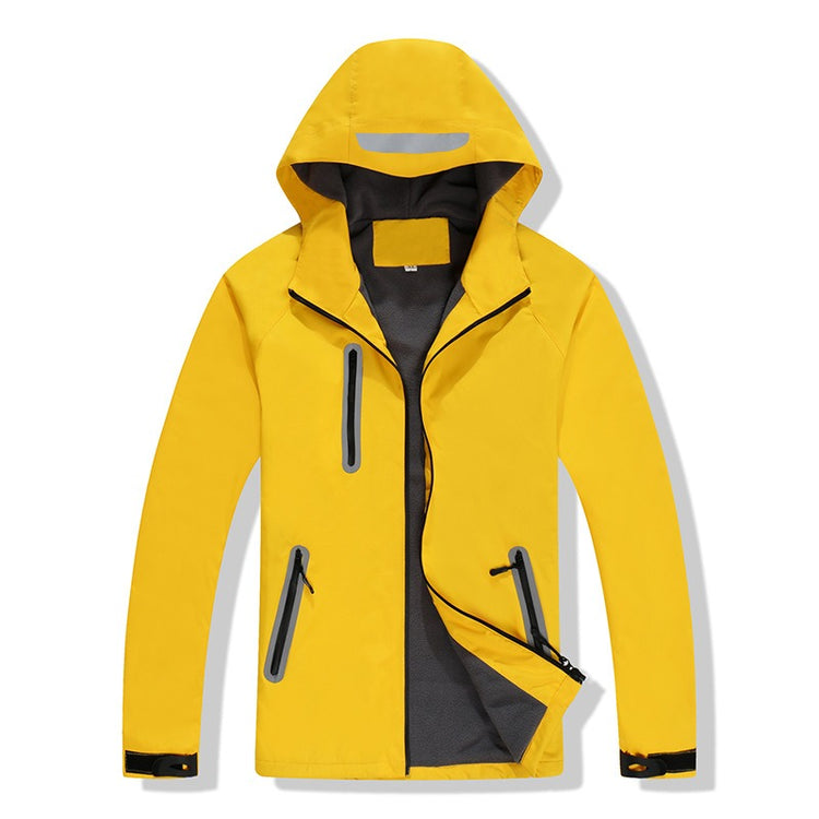 A bright yellow thickened and padded winter jacket with a hood featuring a reflective stripe, a front zipper, and zippered chest and side pockets.