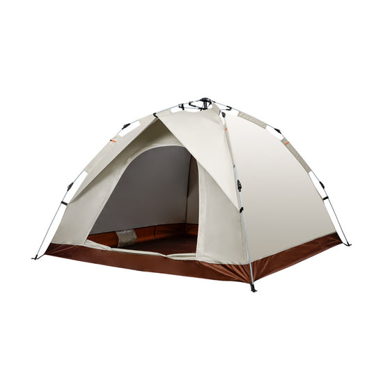 A beige and white single-layer pop-up style camping tent is set up on a grassy surface. The tent has a peaked roof and a dark brown trim along the bottom edge. The entrance is open, revealing a dark interior. Text overlaid on the image indicates "Beige and white single-storey tent" at the top, and dimensions and weight information at the bottom.