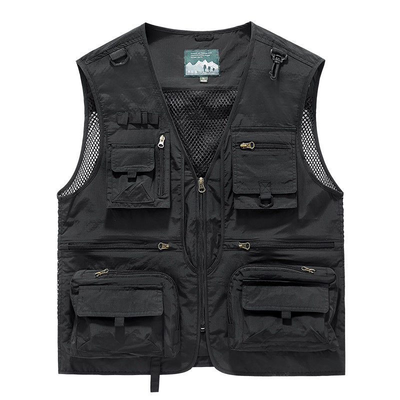 A black breathable mesh utility vest with multiple zippered and flap pockets on the front and a mesh back.