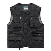 A black breathable mesh utility vest with multiple zippered and flap pockets on the front and a mesh back.