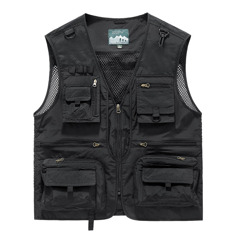 A black breathable mesh utility vest with multiple zippered and flap pockets on the front and a mesh back.