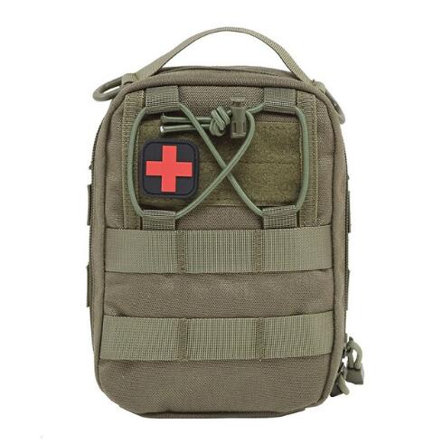 A closed, olive green rectangular emergency kit bag is shown against a white background. A red and black medical cross patch is prominently displayed on the front. The bag features a carrying handle on top and multiple horizontal and vertical straps of olive green webbing across the front.