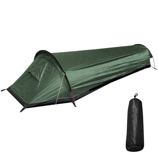 A dark green LytHarvest ultralight bivvy tent is shown pitched against a white background. The tent is low-profile and designed for a single person. A black stuff sack for the tent is shown to the right.