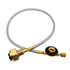 A propane refill adapter, showing its metal body and stainless steel braided pipe, designed to refill flat gas tanks.