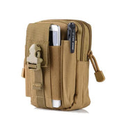 A rugged tactical waist bag in camo, black, and green, showcasing its multiple compartments and adjustable waist strap.