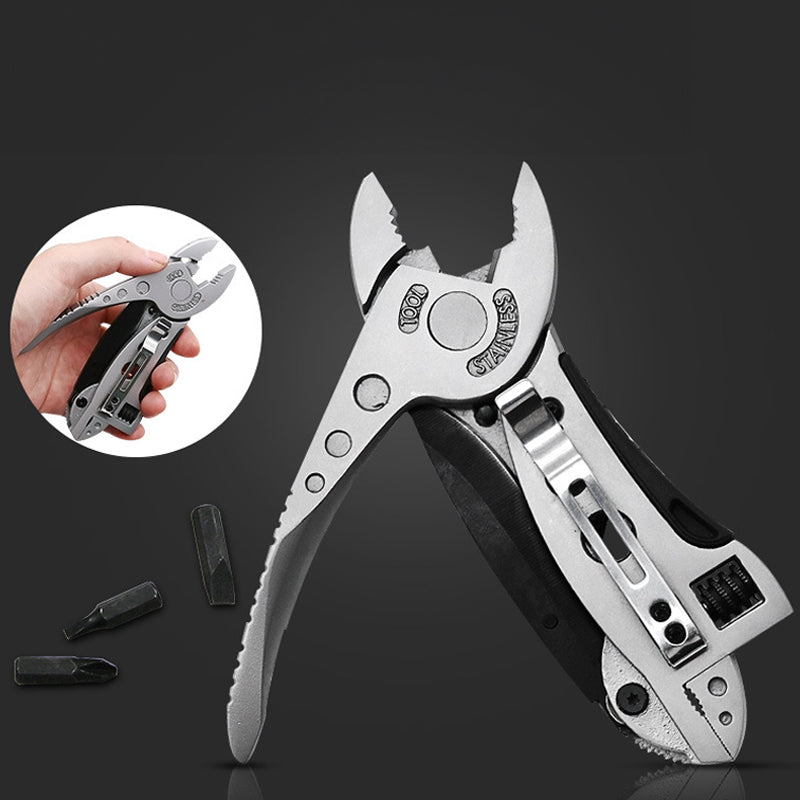 A stainless steel multifunctional pliers tool, shown folded and unfolded, highlighting its pliers and wrench components.