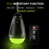 A small, black, teardrop-shaped LED camping light hangs from a silver carabiner clip against a dark background. To the right is a small black remote control with a power button, up and down arrows, and a green light indicator. Water droplets are depicted falling on the light, indicating rainproof capability. Text at the top indicates "FIVE IMPORTANT FUNCTION" with icons for "Rain proof," "Remote," "Endurance," "Portable," and "Mosquito repellent."