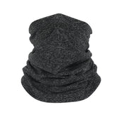 A black and gray marled, gathered piece of fabric shaped like a neck gaiter or multi-functional headwear.