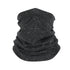 A black and gray marled, gathered piece of fabric shaped like a neck gaiter or multi-functional headwear.