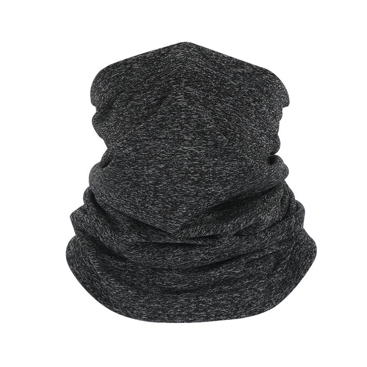 A black and gray marled, gathered piece of fabric shaped like a neck gaiter or multi-functional headwear.