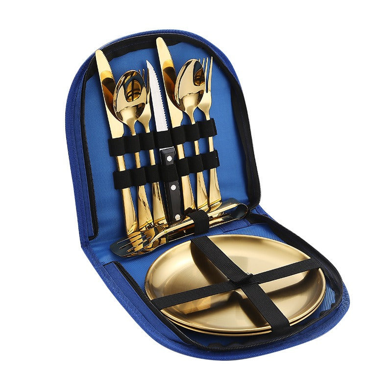 Lightweight Stainless Steel Camping Flatware Set with Dinner Plates & Portable Bag - Perfect for Outdoor Dining