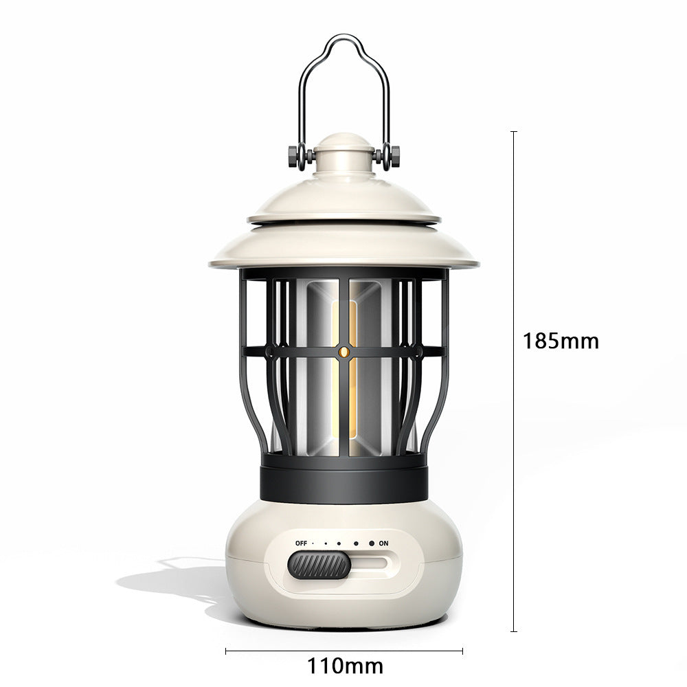 A vintage-style camping lantern with a white top and base, and a black protective cage around a cylindrical light source. A silver carrying handle extends from the top. To the right and below, dimensions "185mm" (height) and "110mm" (base diameter) are indicated. A slider switch on the base shows "OFF" and "ON" positions.