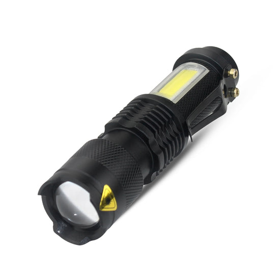 A compact black aluminum alloy LED flashlight with a zoomable lens on one end and a rectangular COB LED panel on the side.