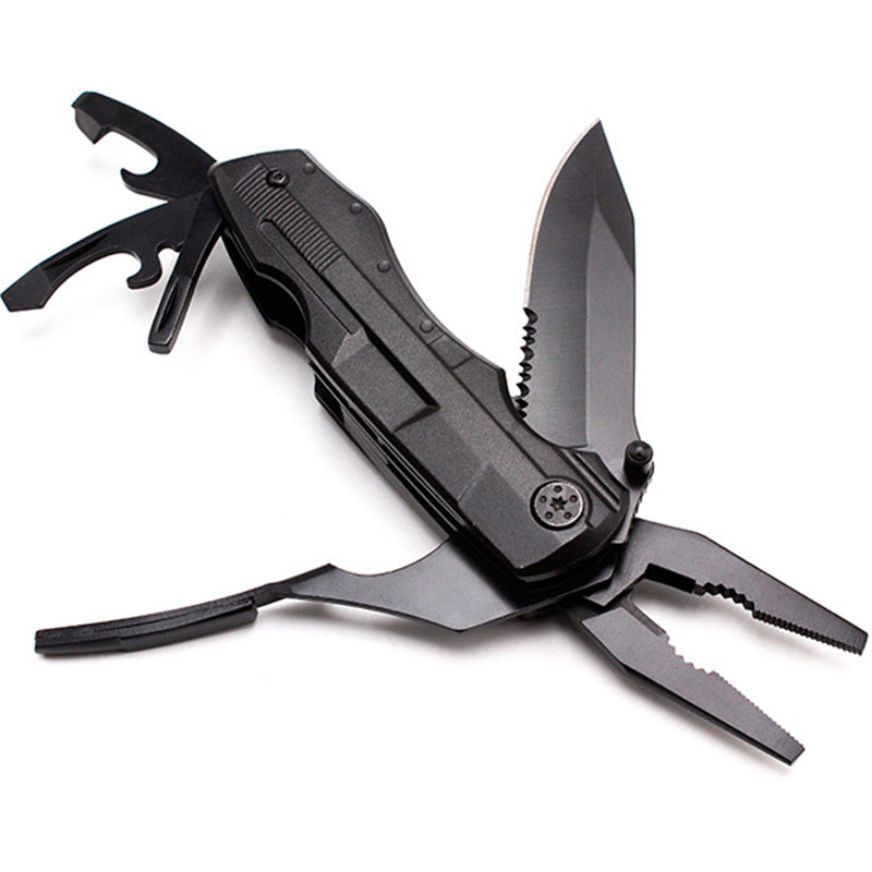 A black folding multitool with pliers, a partially opened knife blade, and various other tools extended is shown against a white background.