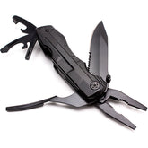 A black folding multitool with pliers, a partially opened knife blade, and various other tools extended is shown against a white background.