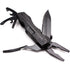 A black folding multitool with pliers, a partially opened knife blade, and various other tools extended is shown against a white background.
