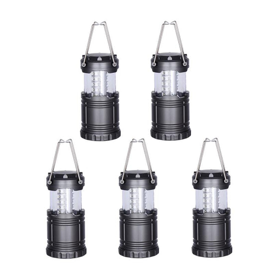 A grey, 30 LED collapsible camping lantern, shown both in its collapsed, compact form and fully extended, illuminating its LED bulbs and demonstrating its foldaway handles for carrying or hanging.