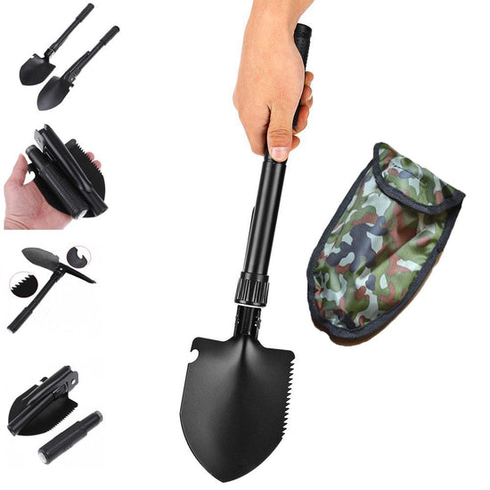  A black folding military-style shovel is shown fully extended and being held by a hand. Inset images show the shovel folded, the pick function, and the serrated edge. A camouflage carrying pouch is also displayed.
