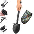  A black folding military-style shovel is shown fully extended and being held by a hand. Inset images show the shovel folded, the pick function, and the serrated edge. A camouflage carrying pouch is also displayed.