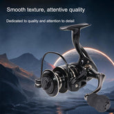 A black metal spinning fishing reel with gold accents on the spool, labeled "NX 1000," resting on a white box with blue accents and "MADE IN CHINA" printed on it.