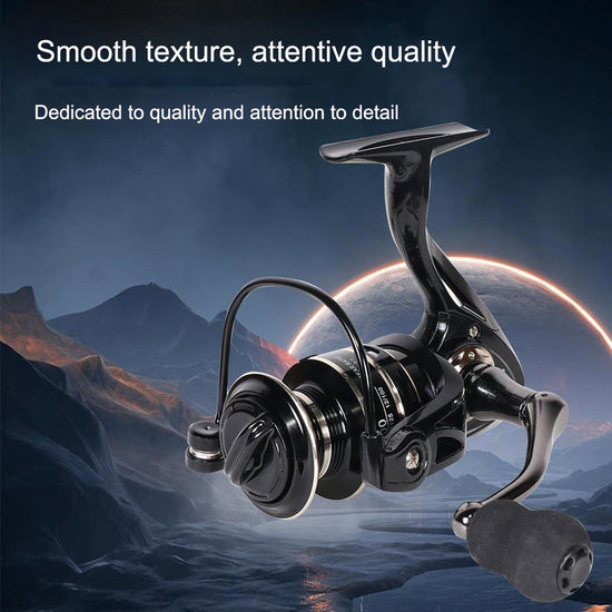 A black metal spinning fishing reel with gold accents on the spool, labeled "NX 1000," resting on a white box with blue accents and "MADE IN CHINA" printed on it.
