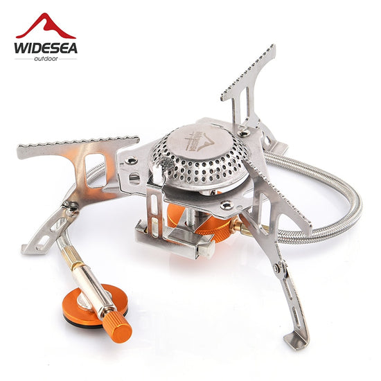 A Widesea 3000W camping gas stove, shown folded and unfolded, made from stainless steel, copper, and aluminum with an electronic ignition system