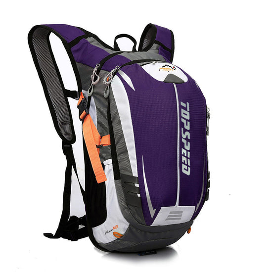 A purple, grey, and black Torspeed 18L hiking backpack is shown from a side angle against a white background. The backpack has padded shoulder straps, a chest strap, a waist strap, side mesh pockets, and reflective accents. "TOPSPEED" is printed vertically on the front in silver.