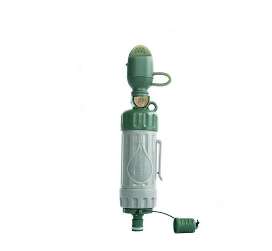 A portable 0.01um ABS water filter, shown with its straw and connection points, highlighting its compact size and filtration capabilities