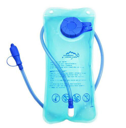 A clear 1L hydration bladder with a blue screw-top cap, a blue drinking tube, and a blue bite valve with a protective cap. The logo "outdoor LOCAL LION" is printed on the bladder.