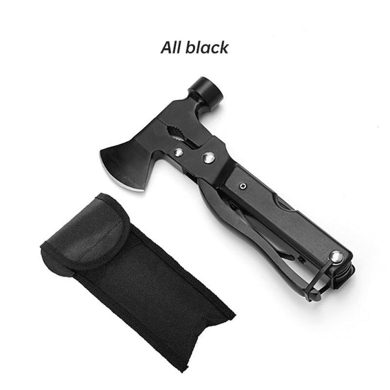 An all-black multifunctional tool featuring an axe head, hammer, pliers (folded), and other components is shown next to a black nylon storage pouch against a white background.