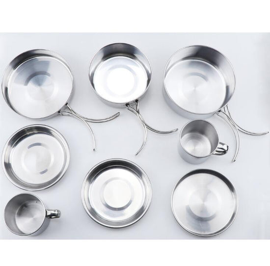 8Pcs Stainless Steel Camping Cookware Set - Portable Pots, Pans, Plates & Cups for Canadian Backpacking & Hiking