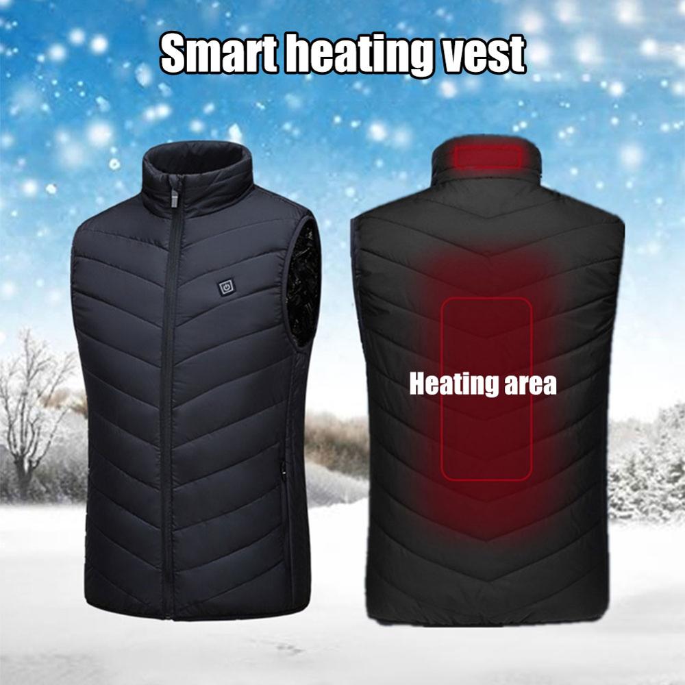 A washable USB charging heating vest, shown both on and off a model, highlighting its adjustable temperature controls and USB charging port