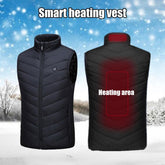 A washable USB charging heating vest, shown both on and off a model, highlighting its adjustable temperature controls and USB charging port