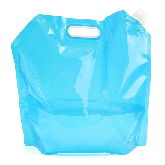 A light blue collapsible water storage carrier bag with a white screw-top opening on the top left and a white carrying handle on the top.