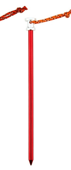 A single red Shinetrip luxury aluminum alloy tent peg is shown inserted into the ground against a white background. An orange and white patterned pull cord is attached to the top of the peg.